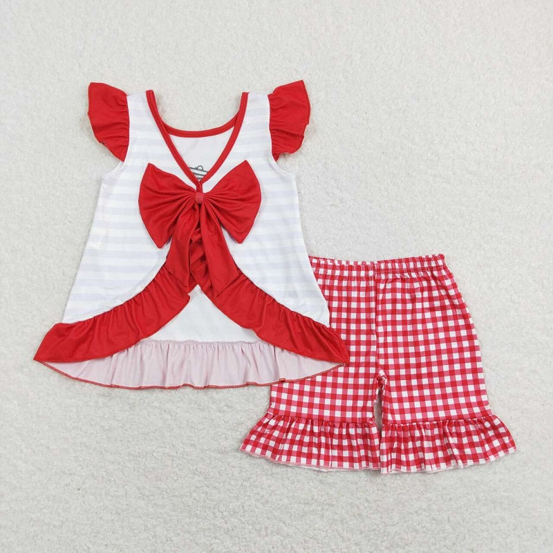 GSSO0455 Embroidered crayfish corn striped bow flying sleeve red and white plaid shorts suit