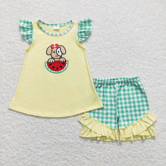 GSSO0483 Embroidery Watermelon Puppy Yellow Green and White Plaid Flying Sleeve Shorts Suit D 4.25