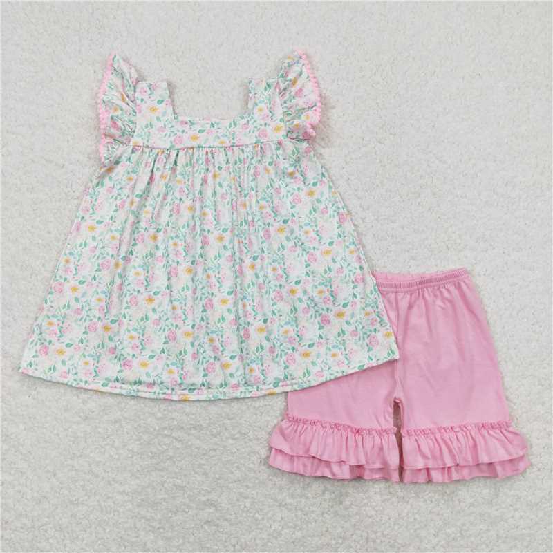 Match Baby Girls Pink Flowers Tops Ruffle Shorts Clothes Sets Romper   D 3.13