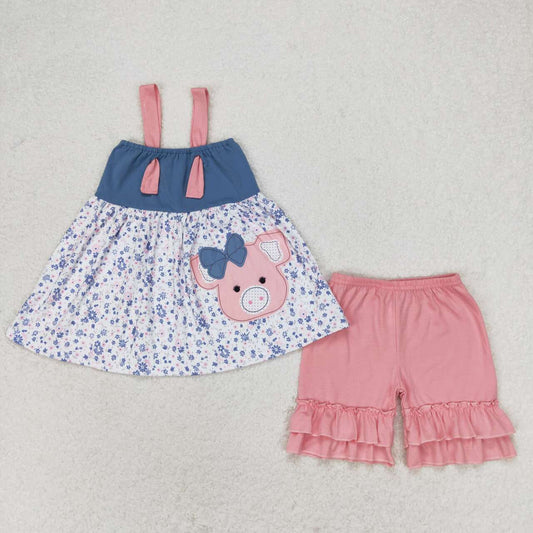 GSSO0493 Bowknot Piglet Floral Top Pink Lace Shorts Set