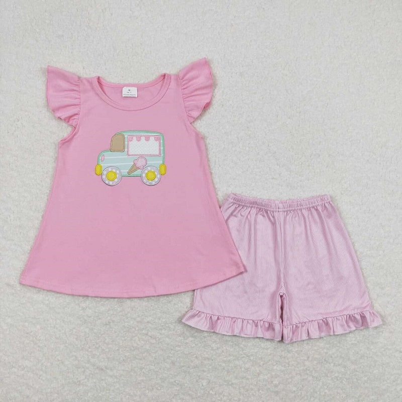 GSSO0508 Embroidered ice cream truck pink flying sleeve striped shorts suit