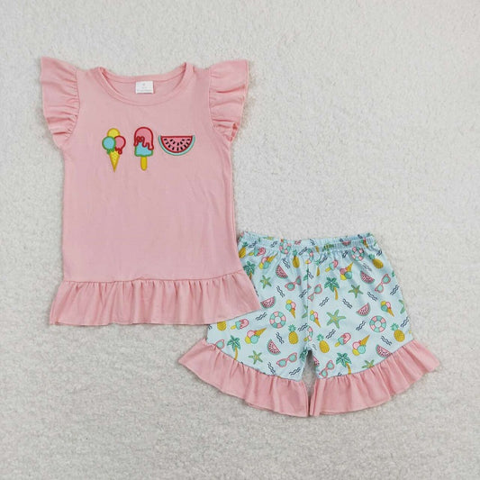 GSSO0509 Embroidery Ice Cream Watermelon Pink Lace Flying Sleeve Shorts Set