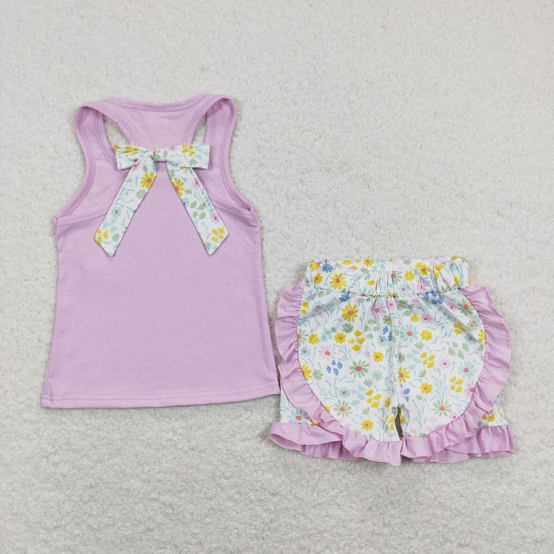 GSSO0511 Flower bow pocket pink tank top shorts suit