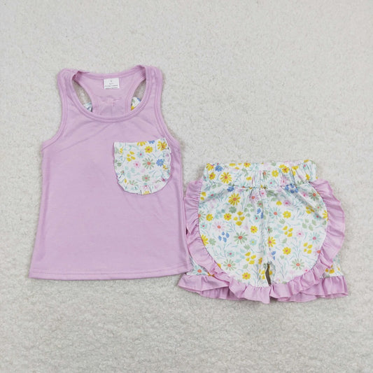 GSSO0511 Flower bow pocket pink tank top shorts suit