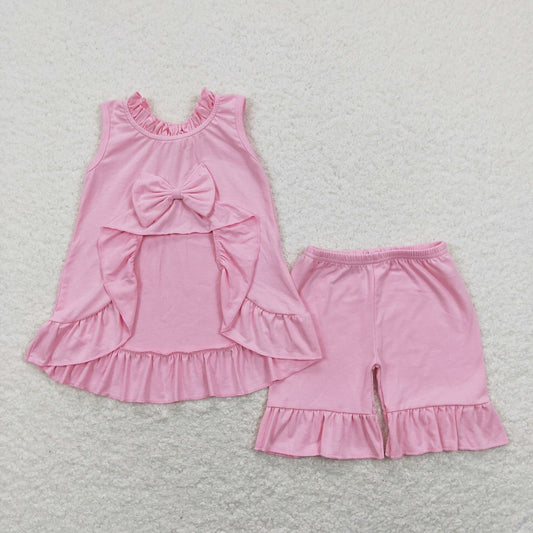 GSSO0518 Pink bow lace sleeveless shorts suit