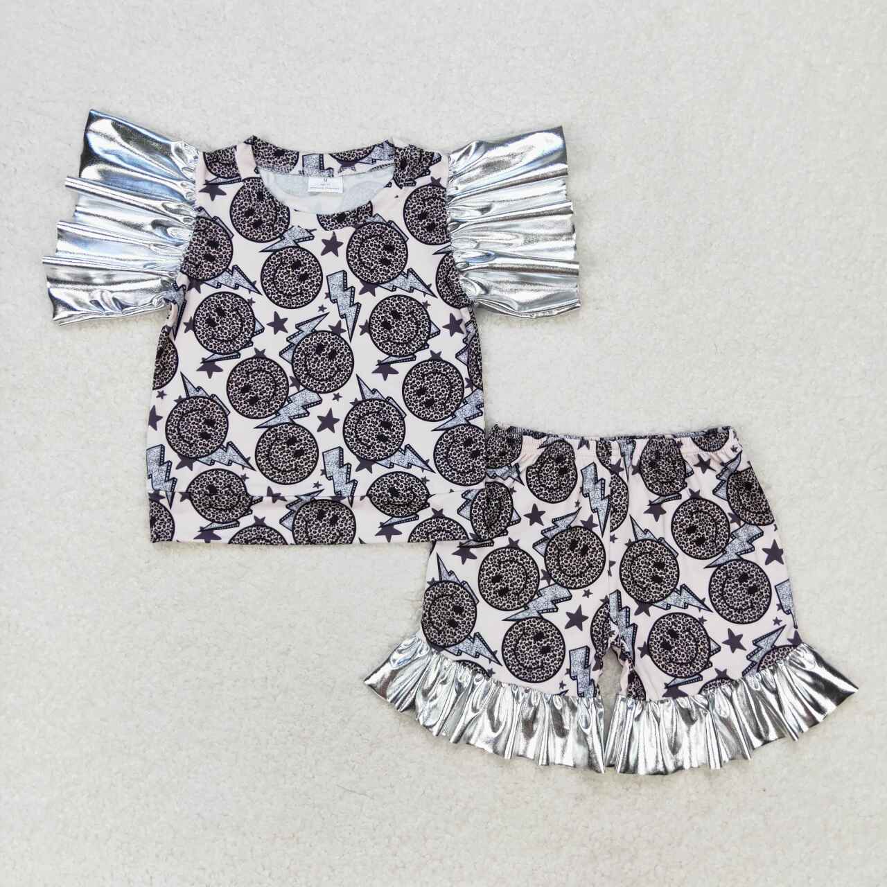 GSSO0521  Leopard print smiley face star lightning silver lace short-sleeved shorts suit