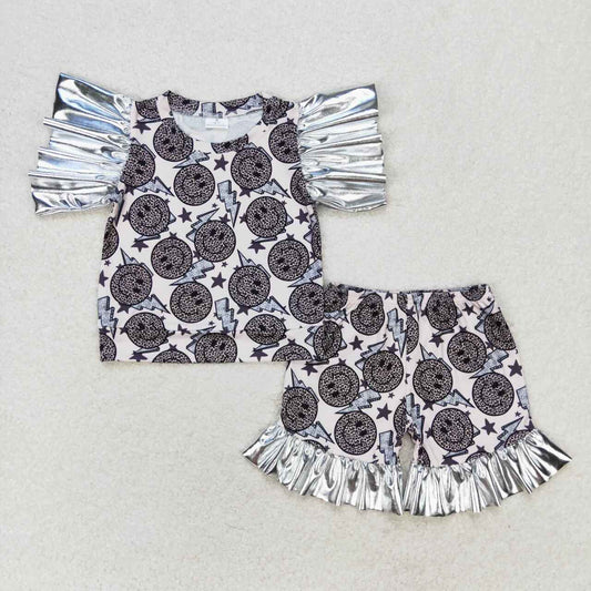 GSSO0521 Leopard print smiley face star lightning silver lace short-sleeved shorts suit