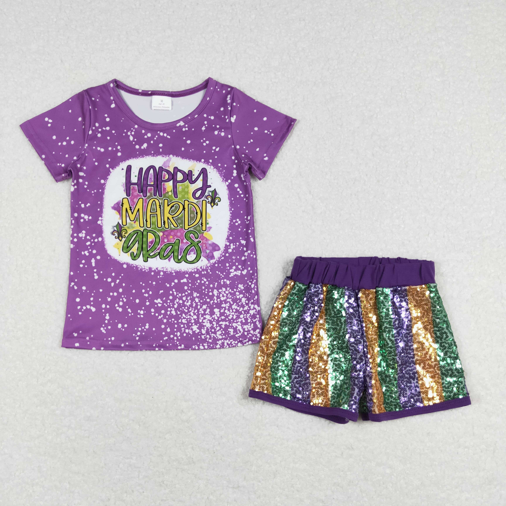 GSSO0528 Purple short-sleeved purple, green and gold striped sequined shorts suit