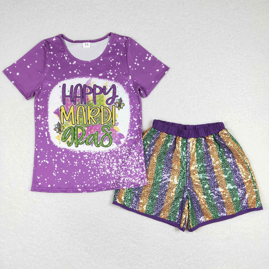 GSSO0529 Adult Women Purple Mardi Gras Shirts Sequin Shorts Clothes Sets