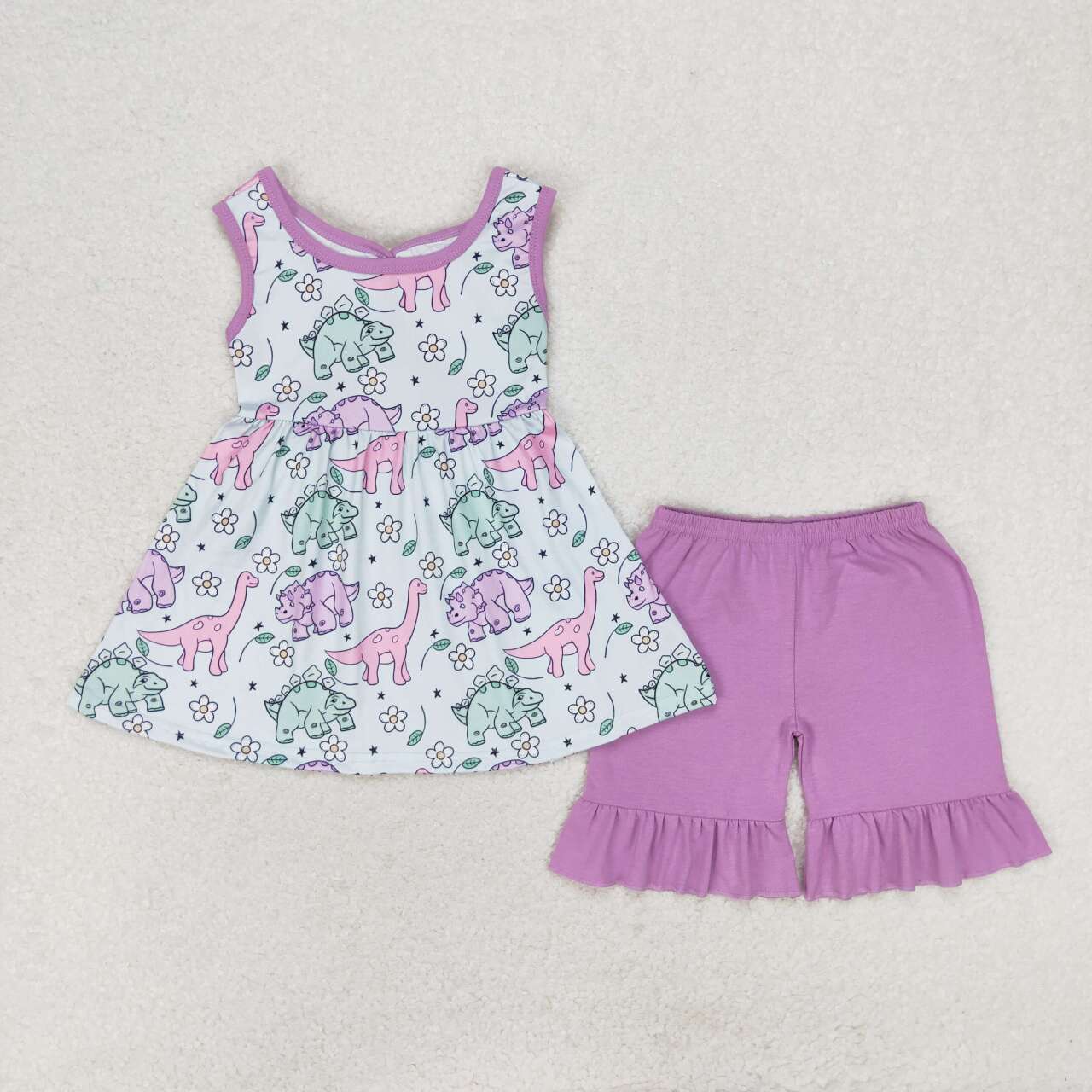 GSSO0533 Flower Dinosaur Purple Bow Sleeveless Shorts Set