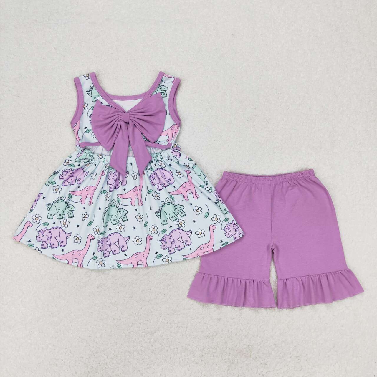 GSSO0533 Flower Dinosaur Purple Bow Sleeveless Shorts Set