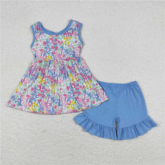GSSO0547 Floral Blue Bow Sleeveless Shorts Set