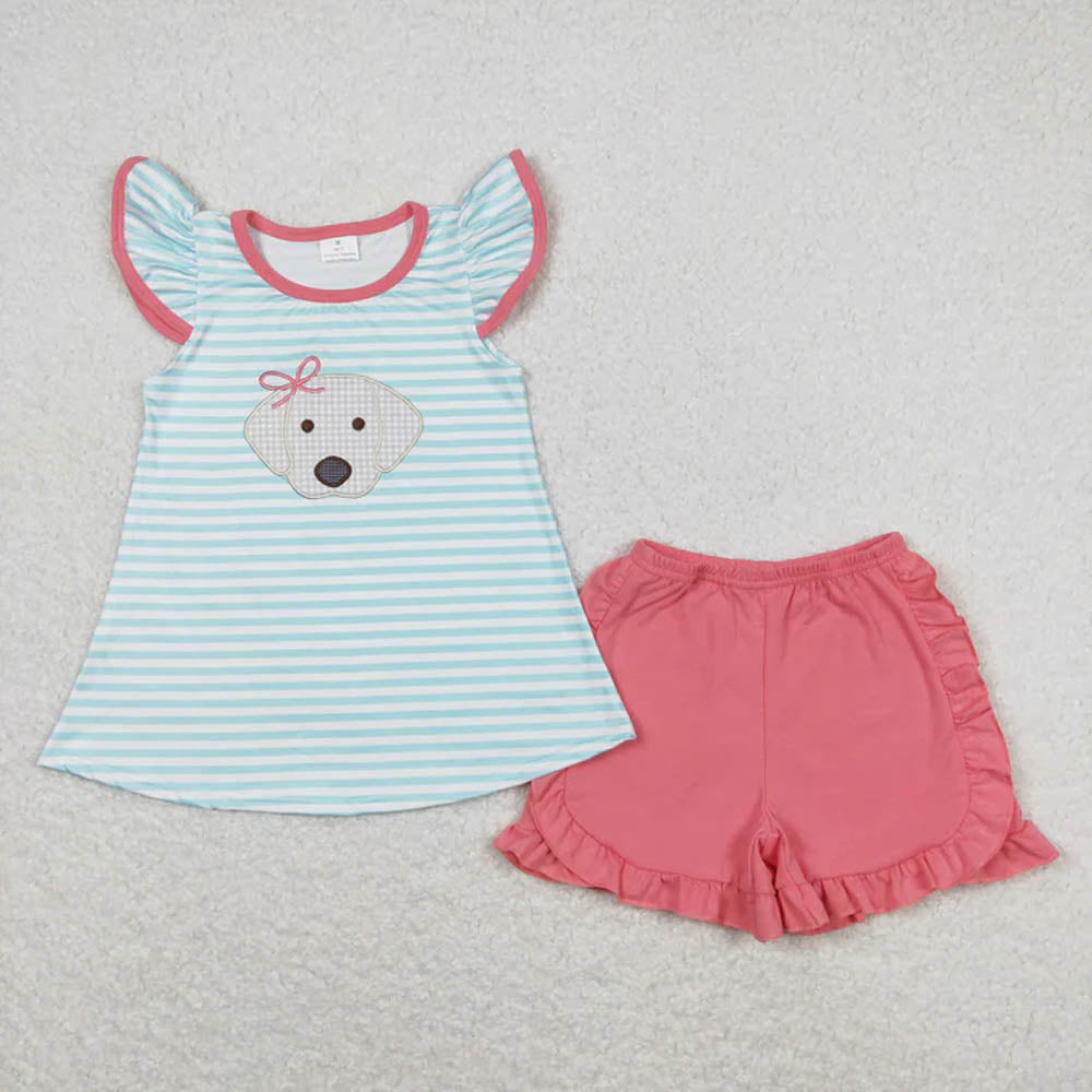 Sibling Baby Girls Stripes Bows Dog Tunic Top Ruffle Shorts Clothes Sets D 7.8