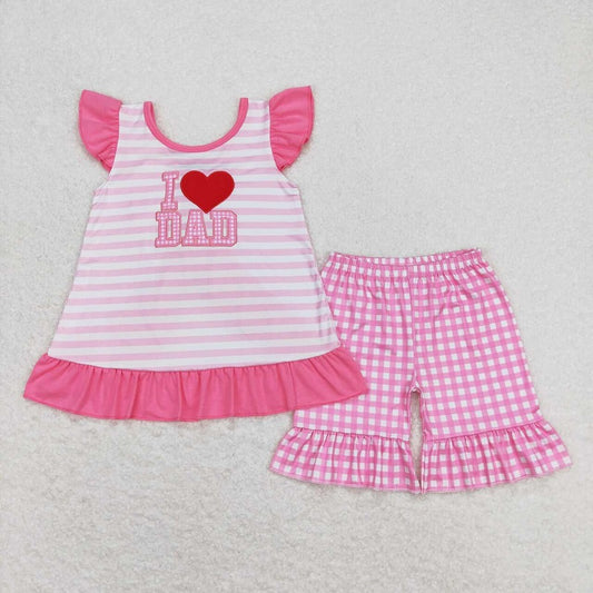 GSSO0563 I love dad embroidered love striped bow pink and white plaid short-sleeved shorts suit