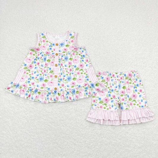 GSSO0569 Pink and white striped pocket flower sleeveless top pink lace flower short-sleeved suit