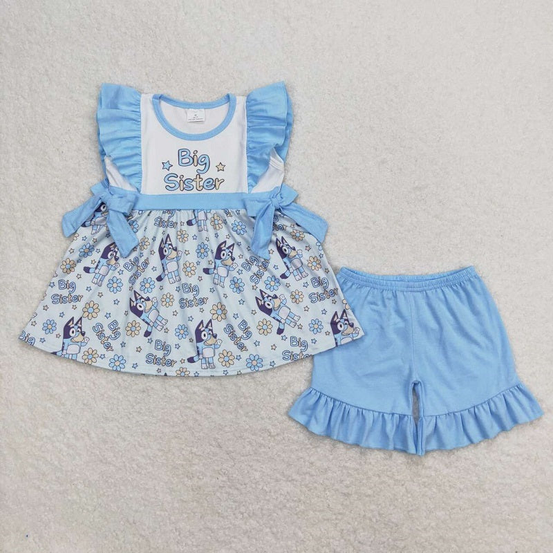 GSSO0577 big sister letter flower blue lace bow flying sleeve shorts suit