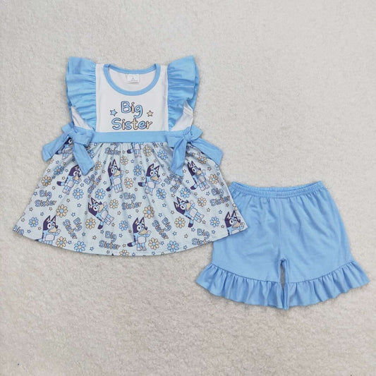 GSSO0577 big sister letter flower blue lace bow flying sleeve shorts suit