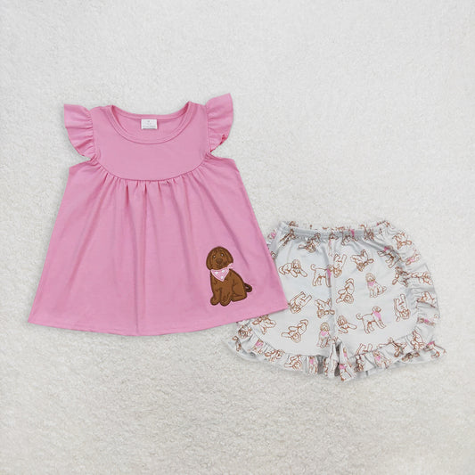 GSSO0581  Baby Girls Pink Dog Tunic Top Ruffle Shorts Clothes Sets  D 6.7