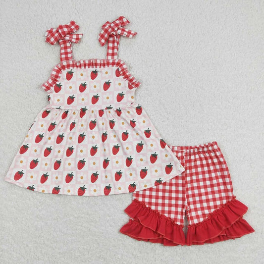 GSSO0588 Flower strawberry red plaid lace beige suspender shorts suit