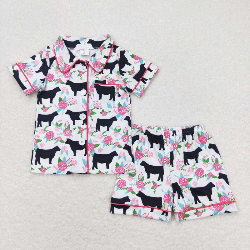 GSSO0590 Flower Cow White Short Sleeve Shorts Pajama Set