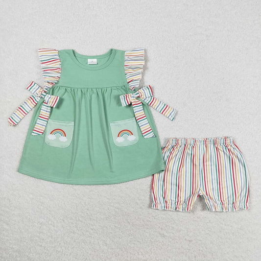 GSSO0596 Colorful Striped Lace Bowknot Rainbow Flying Sleeve Shorts Set