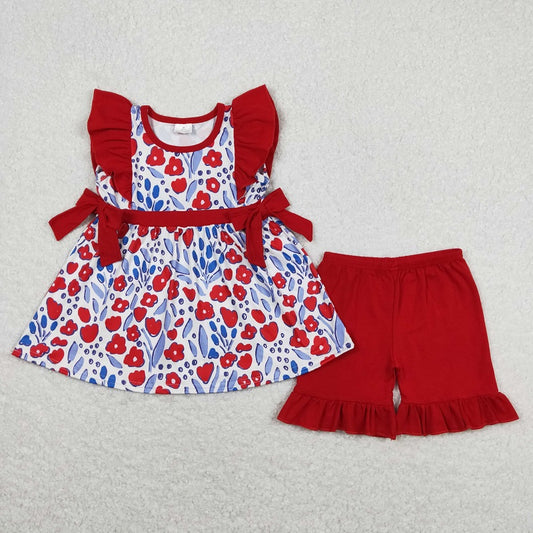 GSSO0609 Flower red lace bow flying sleeve shorts suit