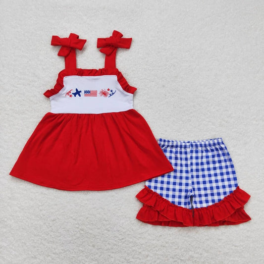 GSSO0611 Embroidery airplane flag fireworks red lace suspenders blue and white plaid shorts suit
