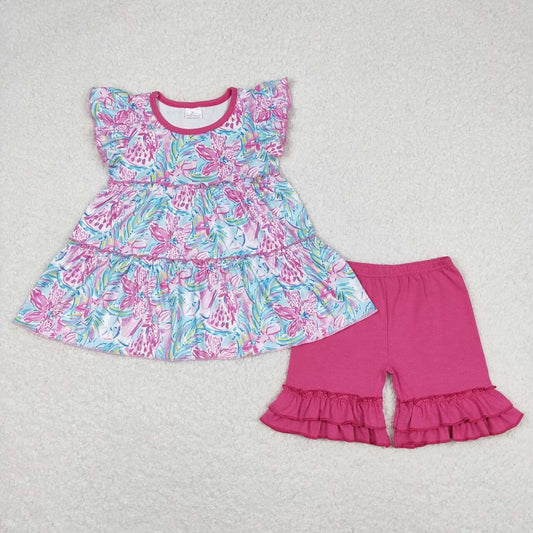 GSSO0618 Pattern flower blue flying sleeve rose pink shorts suit