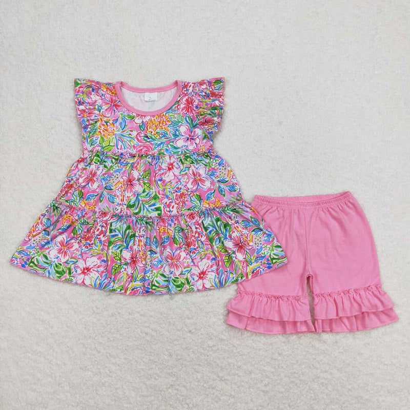 GSSO0619 Pattern flower flying sleeve rose pink shorts suit