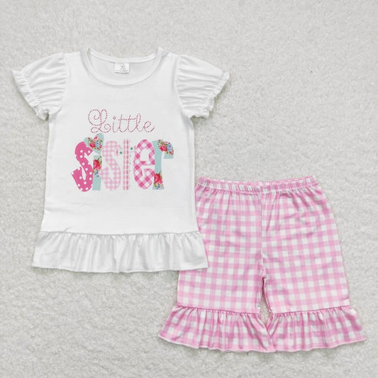 GSSO0621 little sister letter white lace short sleeve pink plaid shorts suit