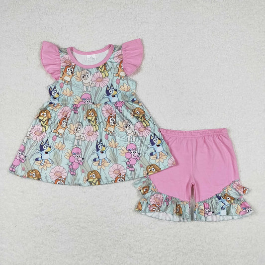 GSSO0624 Floral pink flying sleeve shorts suit