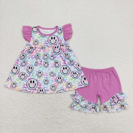 GSSO0631 Leopard print rose red flying sleeve shorts suit