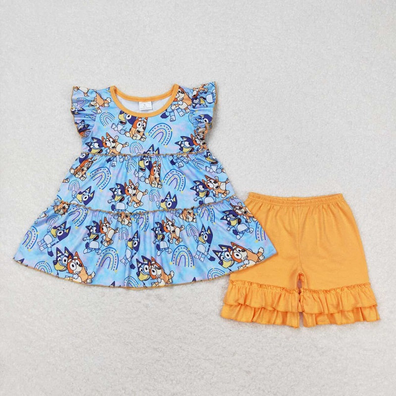 GSSO0632 Rainbow blue flying sleeves orange shorts suit