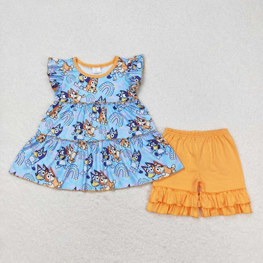GSSO0632 Rainbow blue flying sleeves orange shorts suit