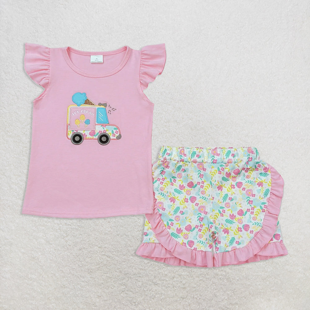 GSSO0644 Baby Girls Pink Flutter Sleeve Popstick Tunic Top Ruffle Shorts Clothes Sets D 6.13