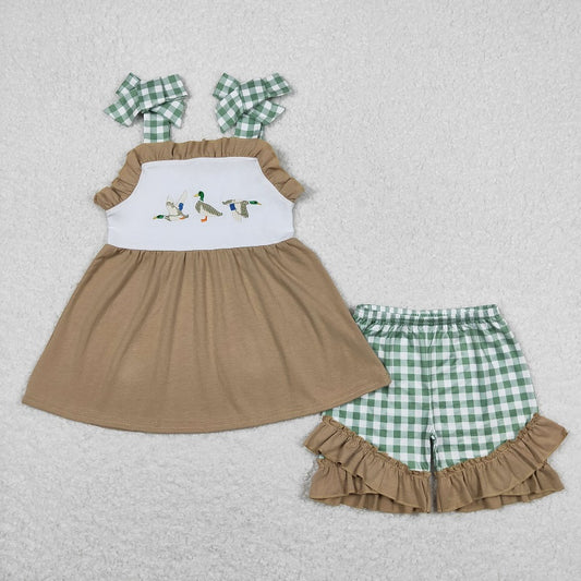 GSSO0653 Embroidered duck green white plaid brown lace suspender shorts suit