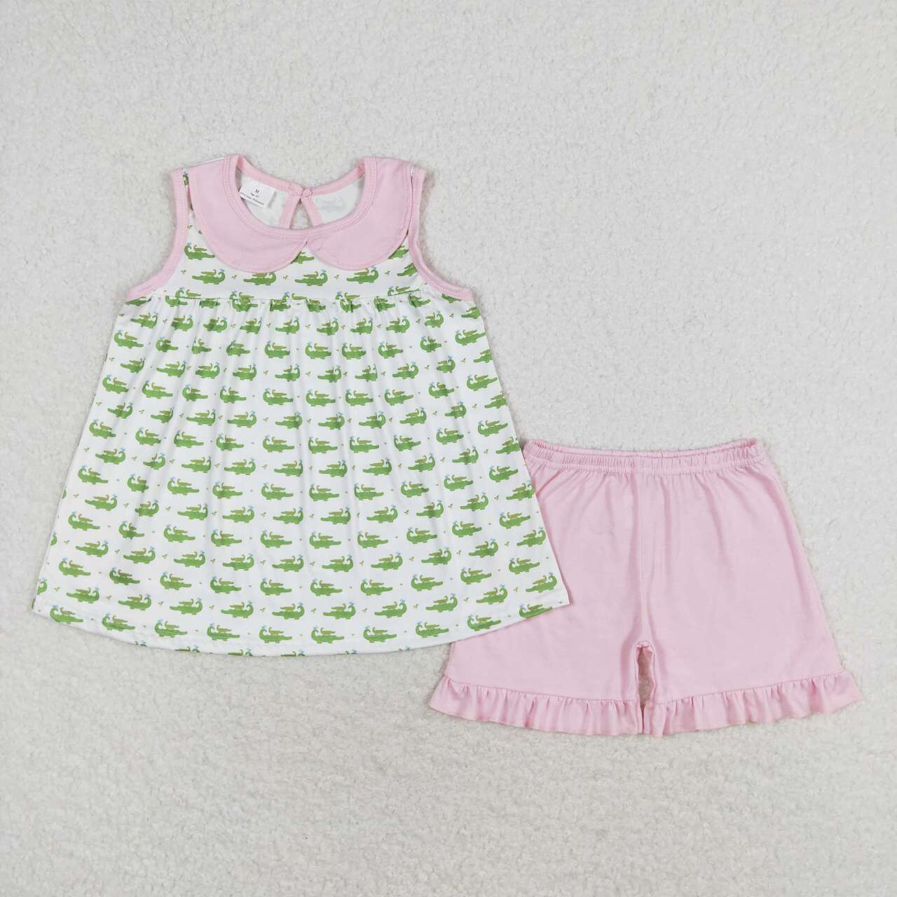 GSSO0654 Crocodile Pink Doll Collar White Sleeveless Shorts Set