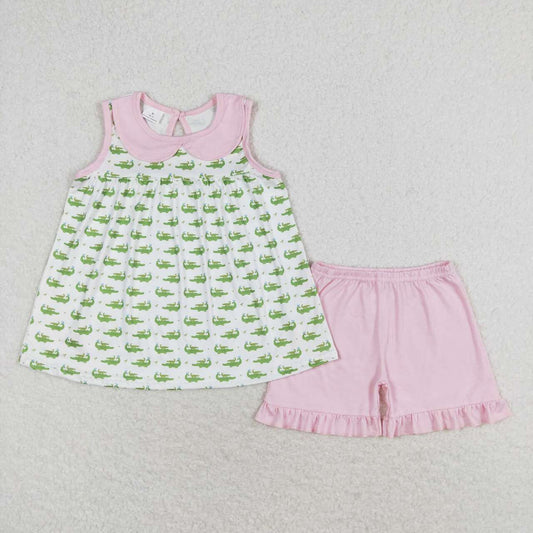 GSSO0654 Crocodile Pink Doll Collar White Sleeveless Shorts Set