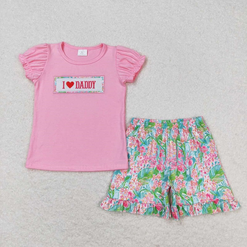 GSSO0658 I love daddy embroidered lettering pink short-sleeved patterned shorts set