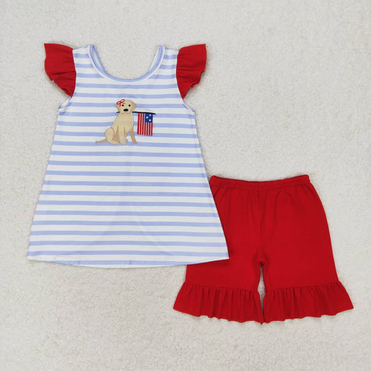 GSSO0663 Embroidered puppy flag striped red bow flying sleeve shorts suit