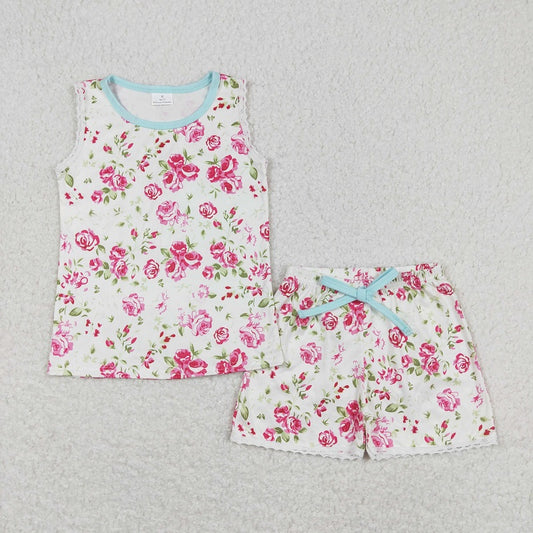 GSSO0674 Floral white sleeveless shorts set