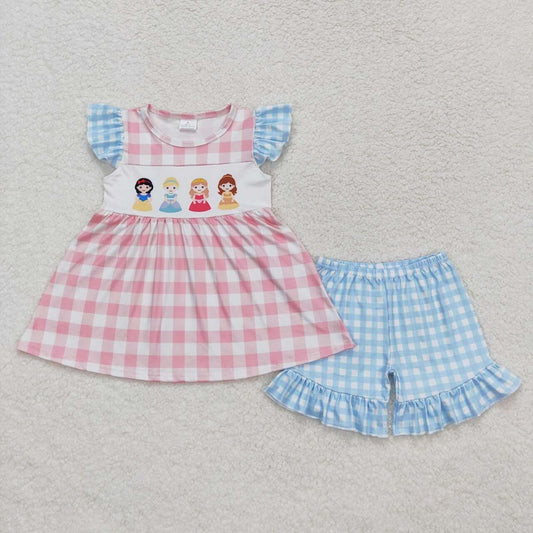 GSSO0692 girls pink blue plaid flying sleeve shorts suit