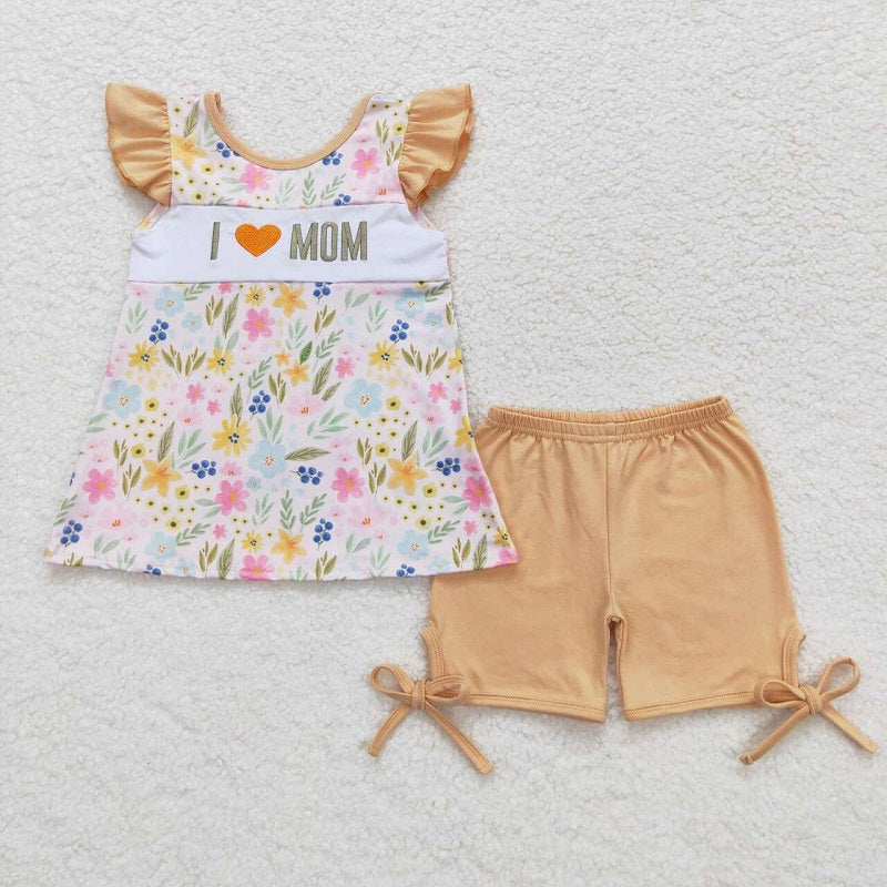 GSSO0696 I love mom embroidered flower floral bow flying sleeve shorts suit