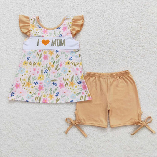GSSO0696 I love mom embroidered flower floral bow flying sleeve shorts suit