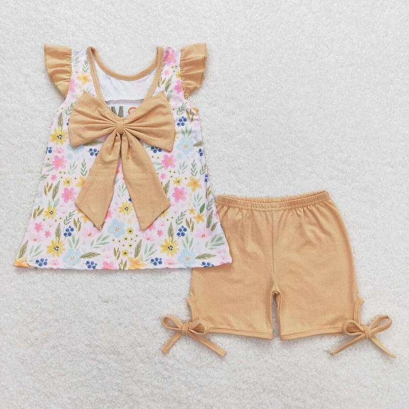 GSSO0696 I love mom embroidered flower floral bow flying sleeve shorts suit