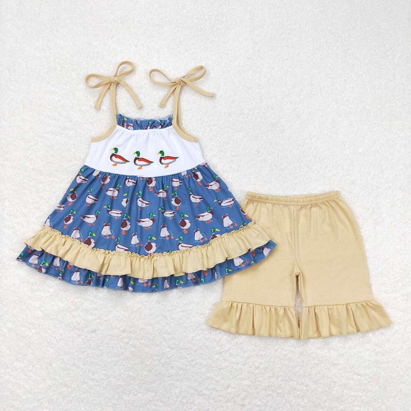 GSSO0697 Embroidered duck light brown lace blue suspender shorts suit