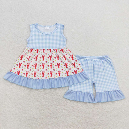 GSSO0698 Crayfish corn blue and white plaid sleeveless shorts suit