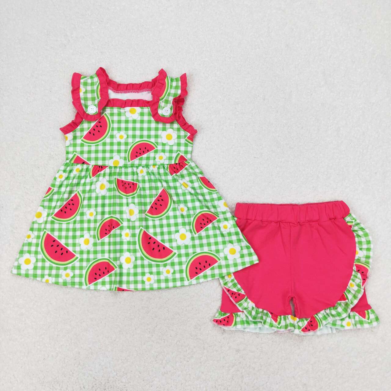 GSSO0701 Watermelon Flower Green Plaid Sleeveless Shorts Set