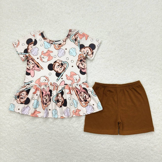 GSSO0703 Cartoon shell pearl short sleeve brown shorts suit