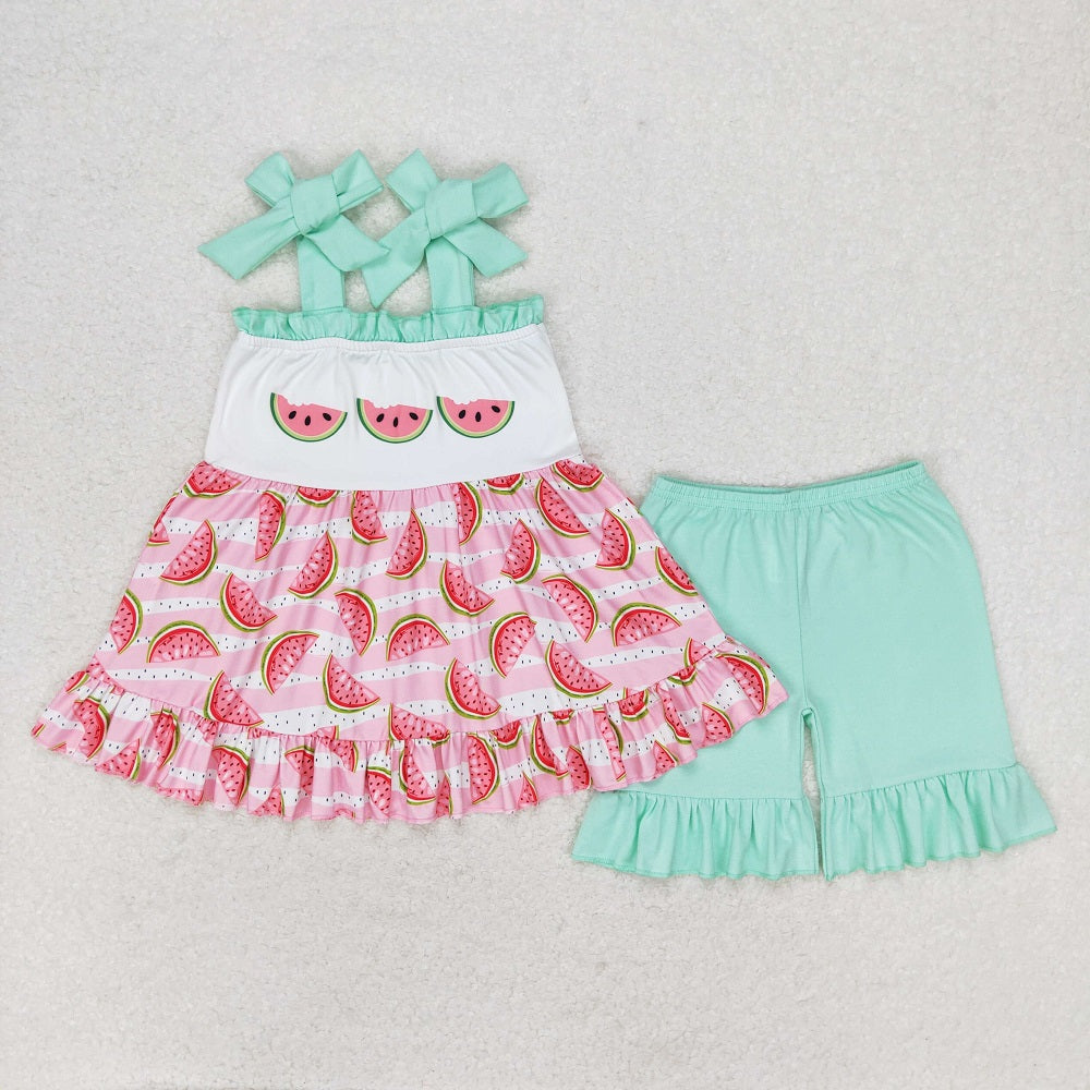 GSSO0709 Watermelon pink striped teal lace bow suspender shorts suit